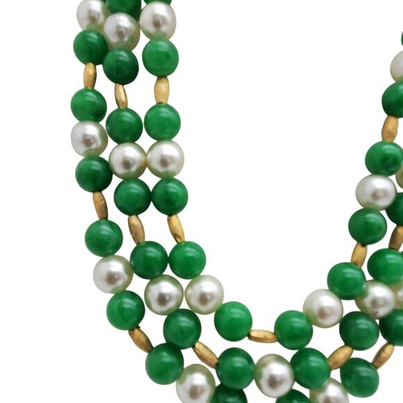 Vtg Triple Strand Jadeite Green Beaded Pearl Gold Tone Statement Choker Necklace - Picture 4 of 9